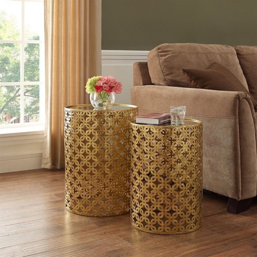 Linon Geometric Metal Nesting Table Set in Gold