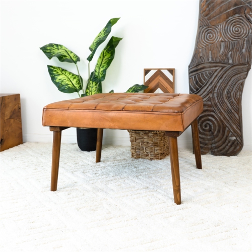 Alvar Mid-Century Modern Square Tufted Genuine Leather Ottoman in Tan