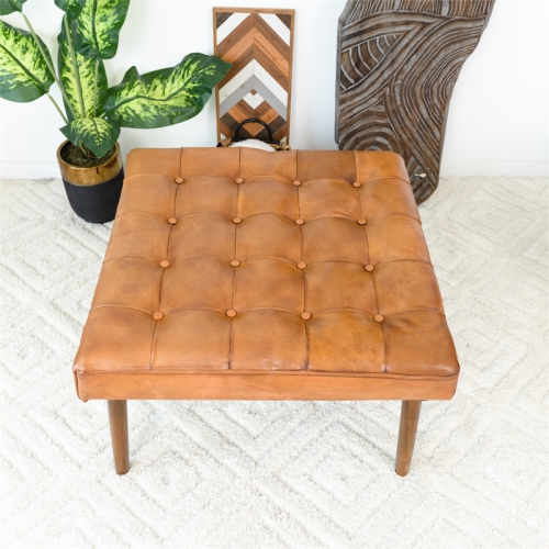 Alvar Mid-Century Modern Square Tufted Genuine Leather Ottoman in Tan