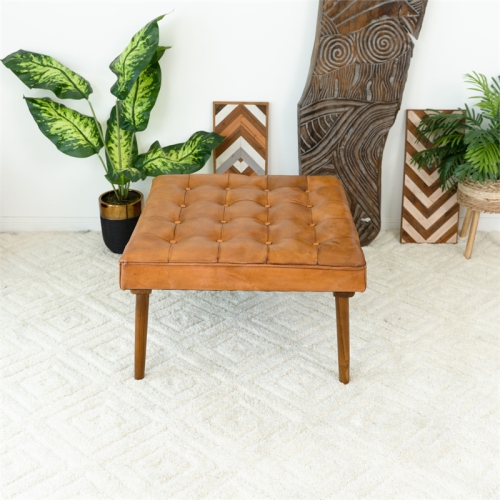Alvar Mid-Century Modern Square Tufted Genuine Leather Ottoman in Tan