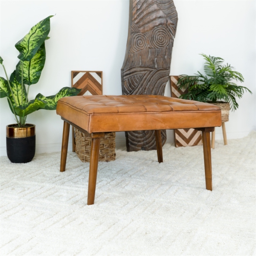 Alvar Mid-Century Modern Square Tufted Genuine Leather Ottoman in Tan