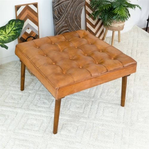 Alvar Mid-Century Modern Square Tufted Genuine Leather Ottoman in Tan