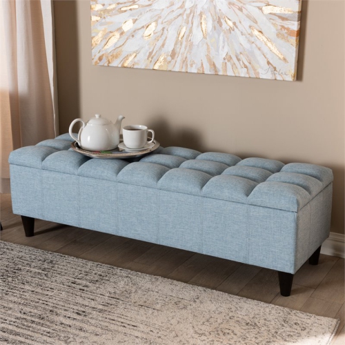 Baxton Studio Brett Tufted Fabric and Wood Storage Ottoman in Light Blue