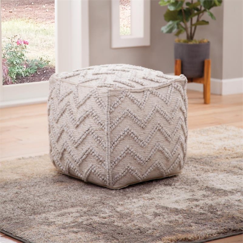 Steve Silver Kenzari Square Zigzag Handwoven Ivory Wool Pouf