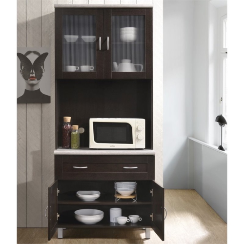 Hodedah Kitchen Cabinet Top and Bottom Enclosed Cabinet Space in Chocolate Wood