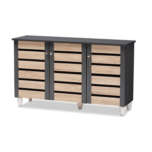 BOWERY HILL  Two-Tone Oak Wood 3-Door Shoe Cabinet In Dark In Gray