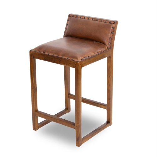 ASHCROFT  Century Mid-Century Modern Design Square Genuine Leather Counter Stool In In Tan