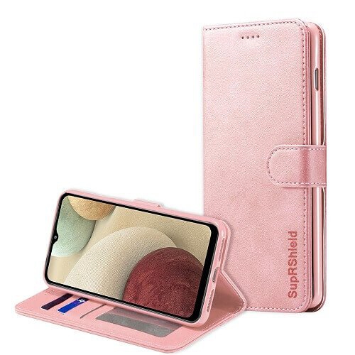 Étui-portefeuille magnétique protecteur/rabat/support à carte en cuir rose doré SuprRShield pour Galaxy A31 de Samsung