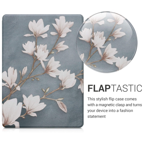 kwmobile Case Compatible with Kobo Aura ONE - Case PU e-Reader Cover - Magnolias Taupe/White/Blue Grey