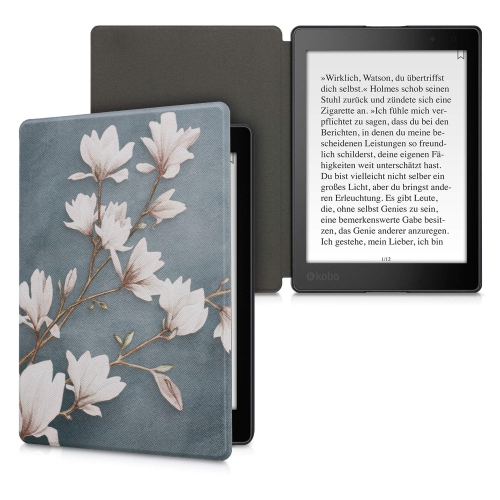 kwmobile Case Compatible with Kobo Aura ONE - Case PU e-Reader Cover - Magnolias Taupe/White/Blue Grey
