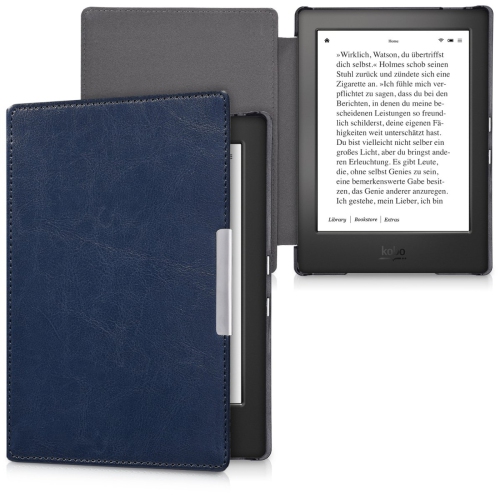 Étui de kwmobile compatible avec l'aura H2O Edition 1 de Kobo - couvercle pour liseuse avec fermeture magnétique - Bleu foncé