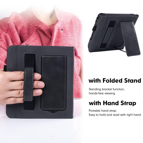 Kobo Libra 2 Case with Stand - Premium PU Leather Bookcover with Hand Strap and Auto Sleep/Wake (Rock Black)