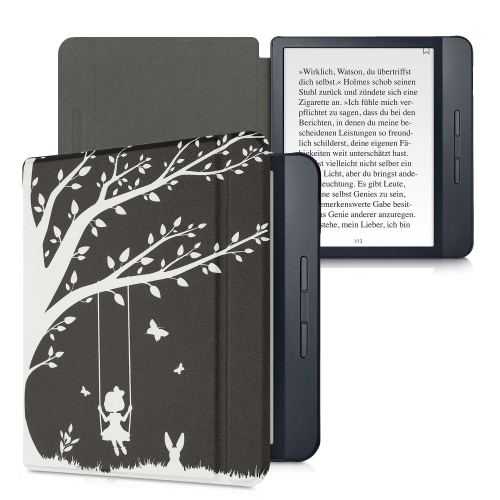 kwmobile Case Compatible with Kobo Libra H2O - Case PU e-Reader Cover - Girl Tree Swing White/Black