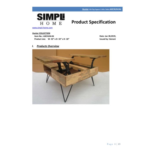 Trent Home Solid Wood & Metal 32" W Squar Lift Top Coffee Table in Natural