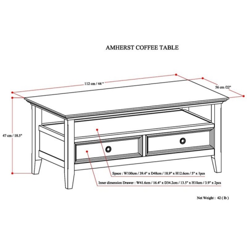 Trent Home Solid Wood Coffee Table with Drawers in Hickory Brown