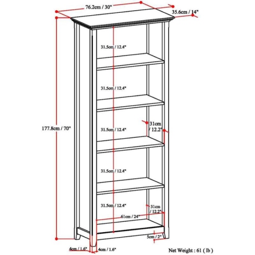 Trent Home – Bibliothèque en bois massif à 5 tablettes, brun doré clair