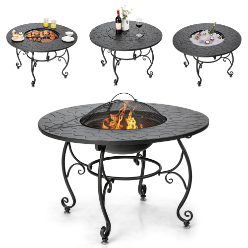 COSTWAY  35.5" Patio Fire Pit Dining Table Wood Burning W/ Cooking Bbq Grate In Charcoal