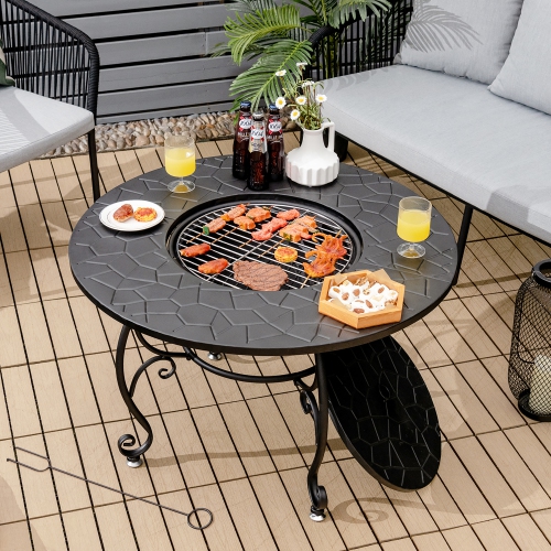 Costway 35.5" Patio Fire Pit Dining Table Charcoal Wood Burning W/ Cooking BBQ Grate