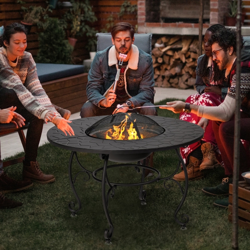 Costway 35.5" Patio Fire Pit Dining Table Charcoal Wood Burning W/ Cooking BBQ Grate