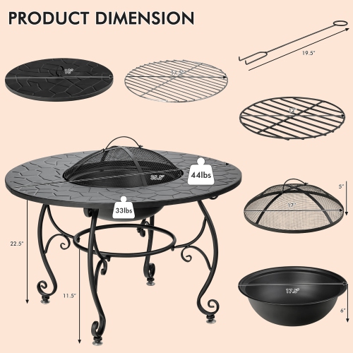 Costway 35.5" Patio Fire Pit Dining Table Charcoal Wood Burning W/ Cooking BBQ Grate