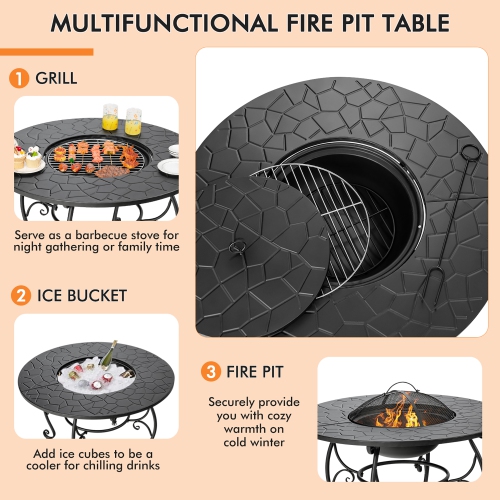 Costway 35.5" Patio Fire Pit Dining Table Charcoal Wood Burning W/ Cooking BBQ Grate