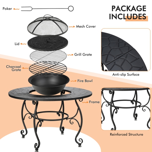 Costway 35.5" Patio Fire Pit Dining Table Charcoal Wood Burning W/ Cooking BBQ Grate