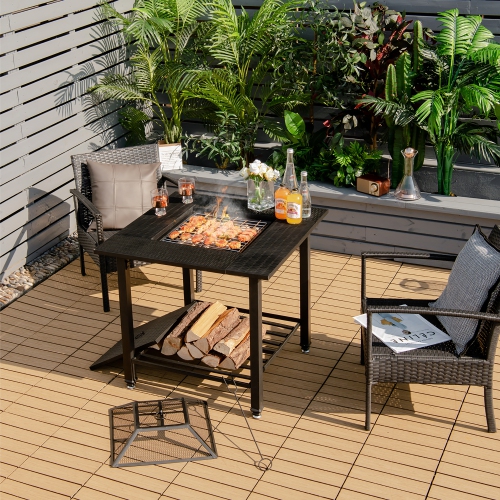 Costway 31" Outdoor Fire Pit Dining Table Charcoal Wood Burning W/ Cooking BBQ Grate