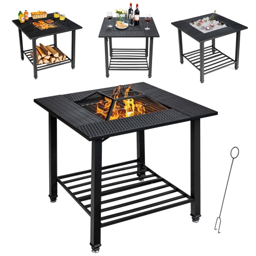 Costway 31" Outdoor Fire Pit Dining Table Charcoal Wood Burning W/ Cooking BBQ Grate