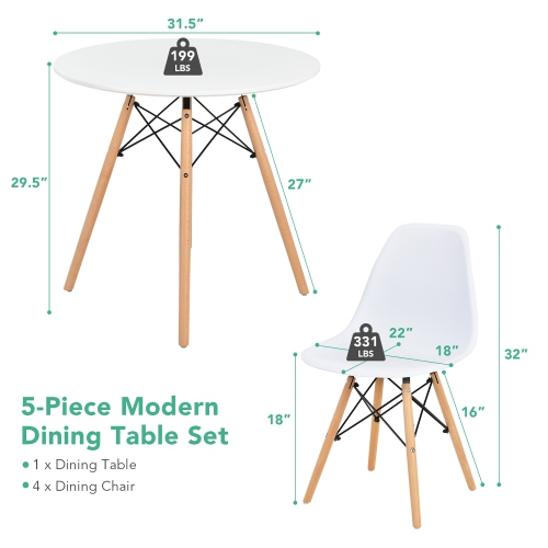 Costway Dining Table Set Modern 5 PCS For 4 Round Dining Room Table Set W/Solid Wood Leg