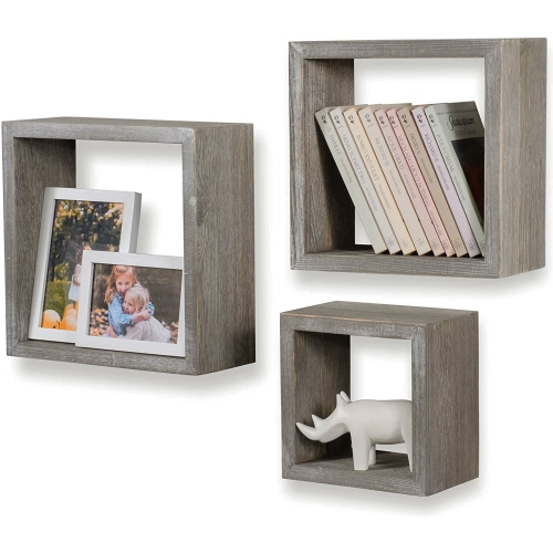 ITY International - Set of 3 Square Wooden Shelves, Taupe Grey