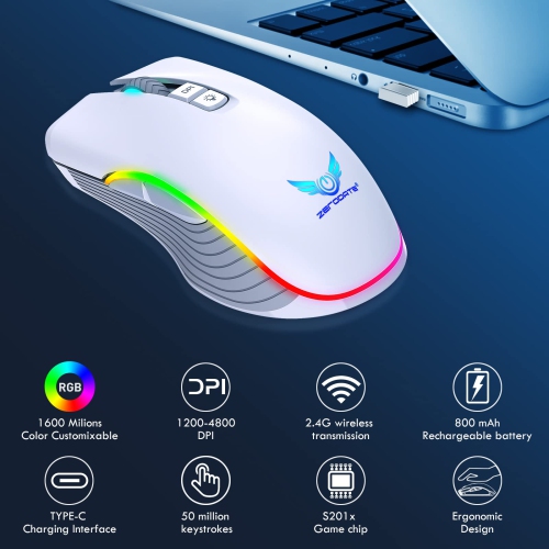 Rechargeable Wireless Gaming Mouse, RGB LED Backlit Mouse with 4 Adjustable DPI, 7 Button, 2.4G USB Optical Gaming Ergonomic