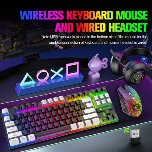 Wireless Gaming Keyboard and Mouse Combo with 87Key Rainbow LED Backlit Rechargeable 3800mAh Battery Mechanical Feel Anti-gh