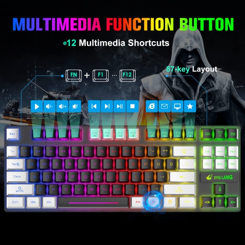 Wireless Gaming Keyboard and Mouse Combo with 87Key Rainbow LED Backlit Rechargeable 3800mAh Battery Mechanical Feel Anti-gh
