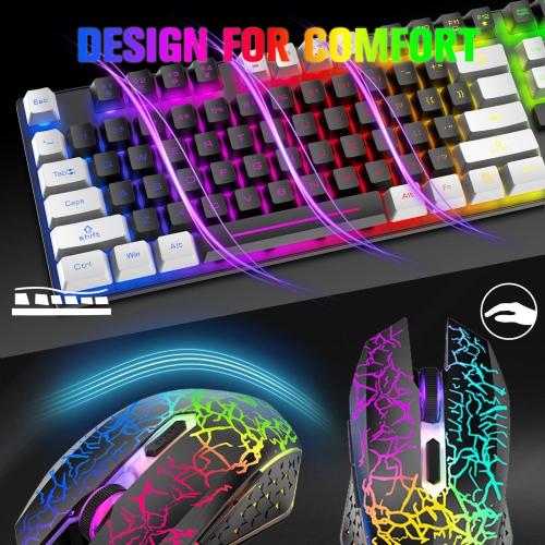 Wireless Gaming Keyboard and Mouse Combo with 87Key Rainbow LED Backlit Rechargeable 3800mAh Battery Mechanical Feel Anti-gh
