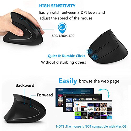 Left Handed Mouse, Lekvey 2.4G Wireless Left Hand Ergonomic Vertical Mouse with Nano Receiver, Less Noise - Black