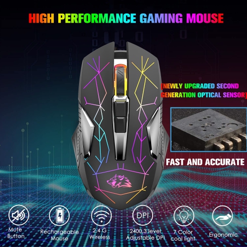Wireless Gaming Mouse Rechargeable with Silent Rainbow RGB Backlit ,2.4G USB Nano Receiver Optical Sensor 3 Level DPI,Ergono