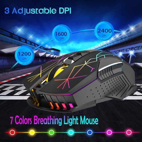 Wireless Gaming Mouse Rechargeable with Silent Rainbow RGB Backlit ,2.4G USB Nano Receiver Optical Sensor 3 Level DPI,Ergono