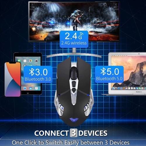 Bluetooth Mouse, Rechargeable Wireless Gaming Mouse Multi Device(BT5.0+BT3.0+2.4G) with Side Buttons, RGB LED Backlit, Ergon