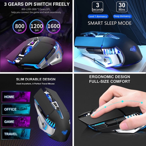 Bluetooth Mouse, Rechargeable Wireless Gaming Mouse Multi Device(BT5.0+BT3.0+2.4G) with Side Buttons, RGB LED Backlit, Ergon