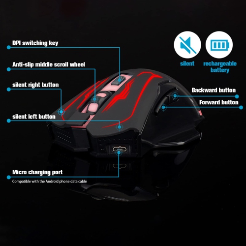 Wireless Gaming Mouse, VEGCOO C8 Silent Click Wireless Rechargeable Mouse with Colorful LED Lights and 2400/1600/1000 DPI fo