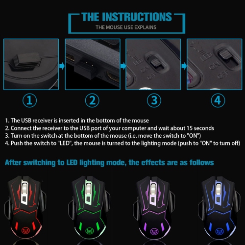 Wireless Gaming Mouse, VEGCOO C8 Silent Click Wireless Rechargeable Mouse with Colorful LED Lights and 2400/1600/1000 DPI fo