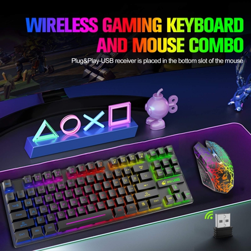 Wireless Gaming Keyboard and Mouse Combo with 87 Key Rainbow LED Backlight Rechargeable 3800mAh Battery Mechanical Feel Anti