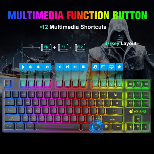 Wireless Gaming Keyboard and Mouse Combo with 87 Key Rainbow LED Backlight Rechargeable 3800mAh Battery Mechanical Feel Anti