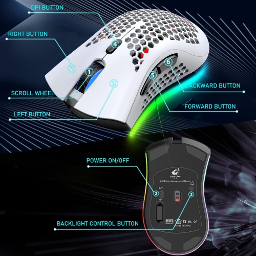 Wireless Lightweight Gaming Mouse Honeycomb with 7 Button Multi RGB Backlit Perforated Ergonomic Shell Optical Sensor Adjust