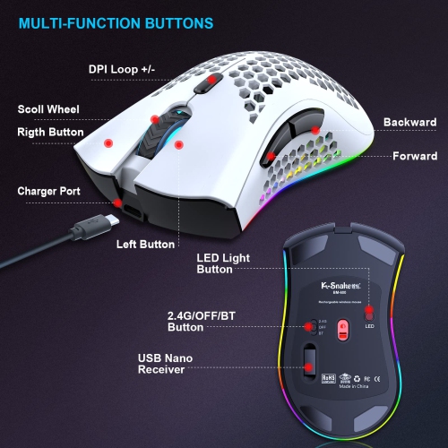 Wireless Lightweight Gaming Mouse, Ultralight Honeycomb Mice with RGB Backlit, Adjustable DPI, Bluetooth 2.4G Wireless Recha