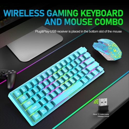 60% Wireless Gaming Keyboard and Mouse Combo with Ergonomic 61 Key Rainbow LED Backlight Anti-ghosting Mechanical Feel Recha