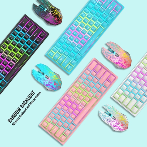 60% Wireless Gaming Keyboard and Mouse Combo with Ergonomic 61 Key Rainbow LED Backlight Anti-ghosting Mechanical Feel Recha