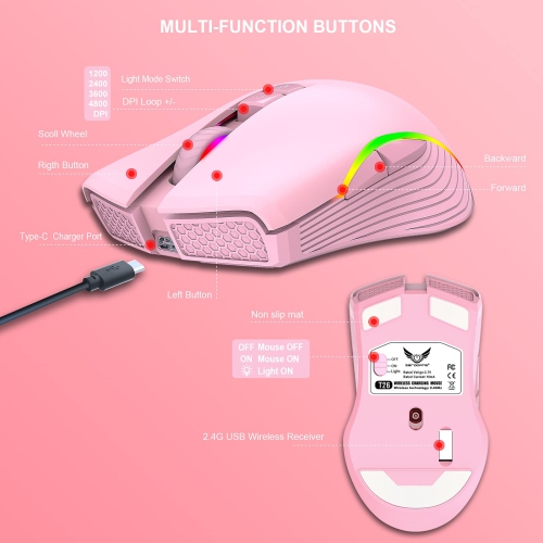 Rechargeable Wireless Gaming Mouse, RGB LED Backlit Mouse with 4 Adjustable DPI, 7 Button, 2.4G USB Optical Gaming Ergonomic