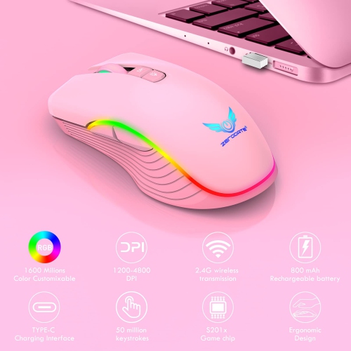 Rechargeable Wireless Gaming Mouse, RGB LED Backlit Mouse with 4 Adjustable DPI, 7 Button, 2.4G USB Optical Gaming Ergonomic