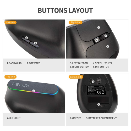 DELUX Wireless Ergonomic Vertical Mouse with 1600DPI, 2.4G Wireless Optical Mouse with USB Receiver, 6 Buttons, Ergo 57 Degr